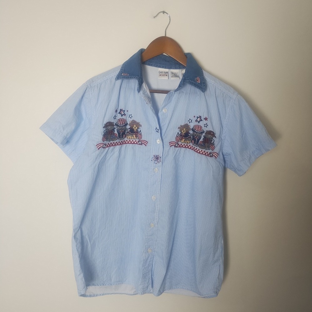 Vintage Quizz Again Button Up Shirt Medium Striped Patriotic Cat Embroidered